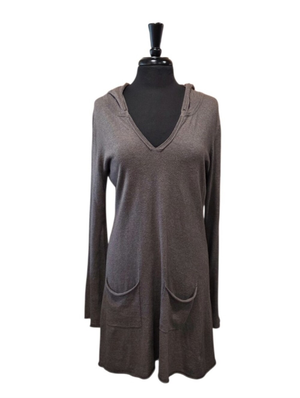 Linq Cashmere Long-Sleeve Hooded Tunic Dress in Taupe Soft Cozy Cabincore